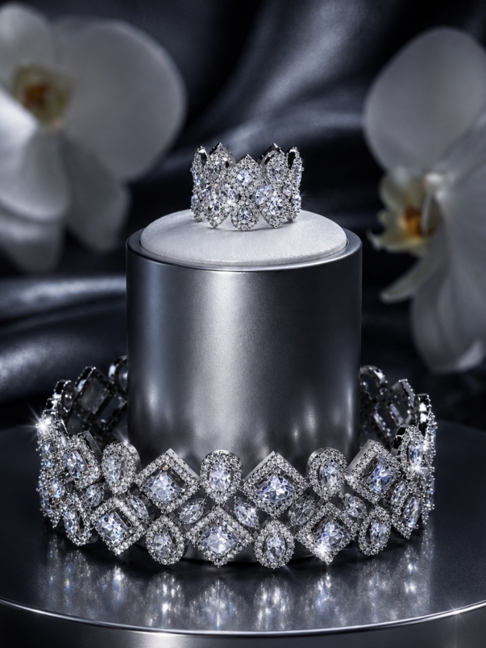 Diamond-Style Silver CZ Floral Bracelet and Ring Set - Picture 6 of 6